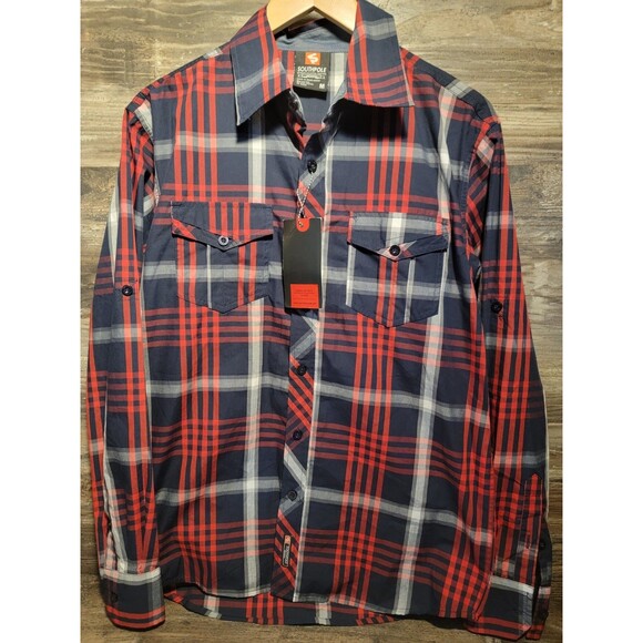 Southpole Shirt Mens M Red Plaid Button Up Long Sleeve NWT - Picture 1 of 4
